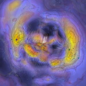 Orbits superimposed on contours of mass density. Milky Way at center, near Virgo Cluster.