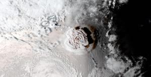 Satellite image of Tonga volcanic eruption, 2022. Credit: NASA Worldview, NOAA / NESDIS / STAR.