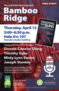 Out Loud in the Library! presents Bamboo Ridge Reading on April 13