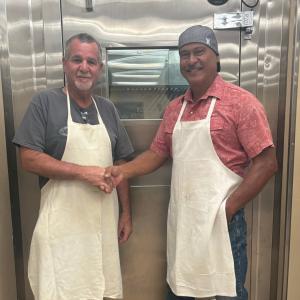 Butchery Course co-instructors Wade Cypriano (left) and Bill Wong at the Kō Education Center.