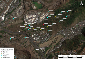 Map of Red Hill tracer study area showing injection well & monitoring wells. 