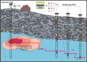 Conceptual model of dye tracer study showing injection location and monitoring wells.