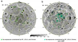 Shaded areas on the Moon’s north (L) and south (R) poles were scanned for ice. Credit: Shuai Li.