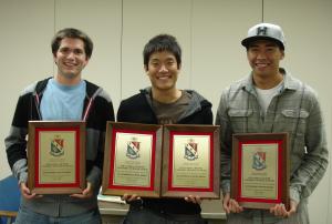 Alex Zamora, Reece Iwami, and Bao Jun Lei with the HKN awards received over the past four years