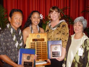 UH M&#257;noa administrators with SEOTY winners Maria  Kanehailua  and Tammy Labrash.