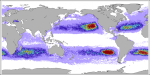 Red in M's model shows biggest accumulation of drifters 10 years after uniform placement in ocean.