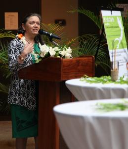 Prof. Melody MacKenzie addressing attendees at publication unveiling event called Ka'uka'ulele.  