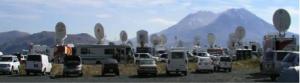 Mount St. Helens, 2004, with 'encampment' of media vehicles. Credit: USGS