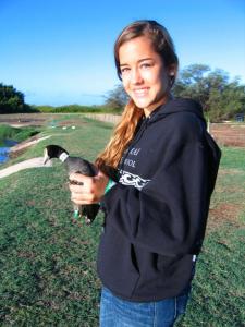 Sarah Jenkins and endangered Hawaiian Coot.