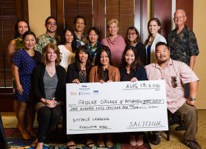 Glenn Hong (top row, third from left) presents a check to the Neighbor Island MBA class.