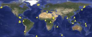 Map of 34 volcanoes used to test hypothesis. Modified from Google Maps.