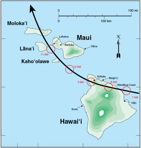Reconstructed track of the 1871 hurricane across islands of Hawai‘i and Maui; Businger et al., 2018.