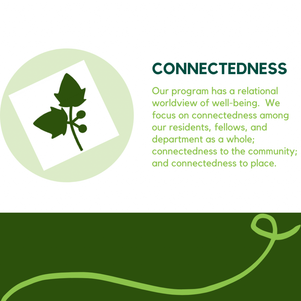 Connectedness, Our program has a relational worldview of well-being. We focus on connectedness among our residents, fellows, and department as a whole; connectedness to the community; and connectedness to place.