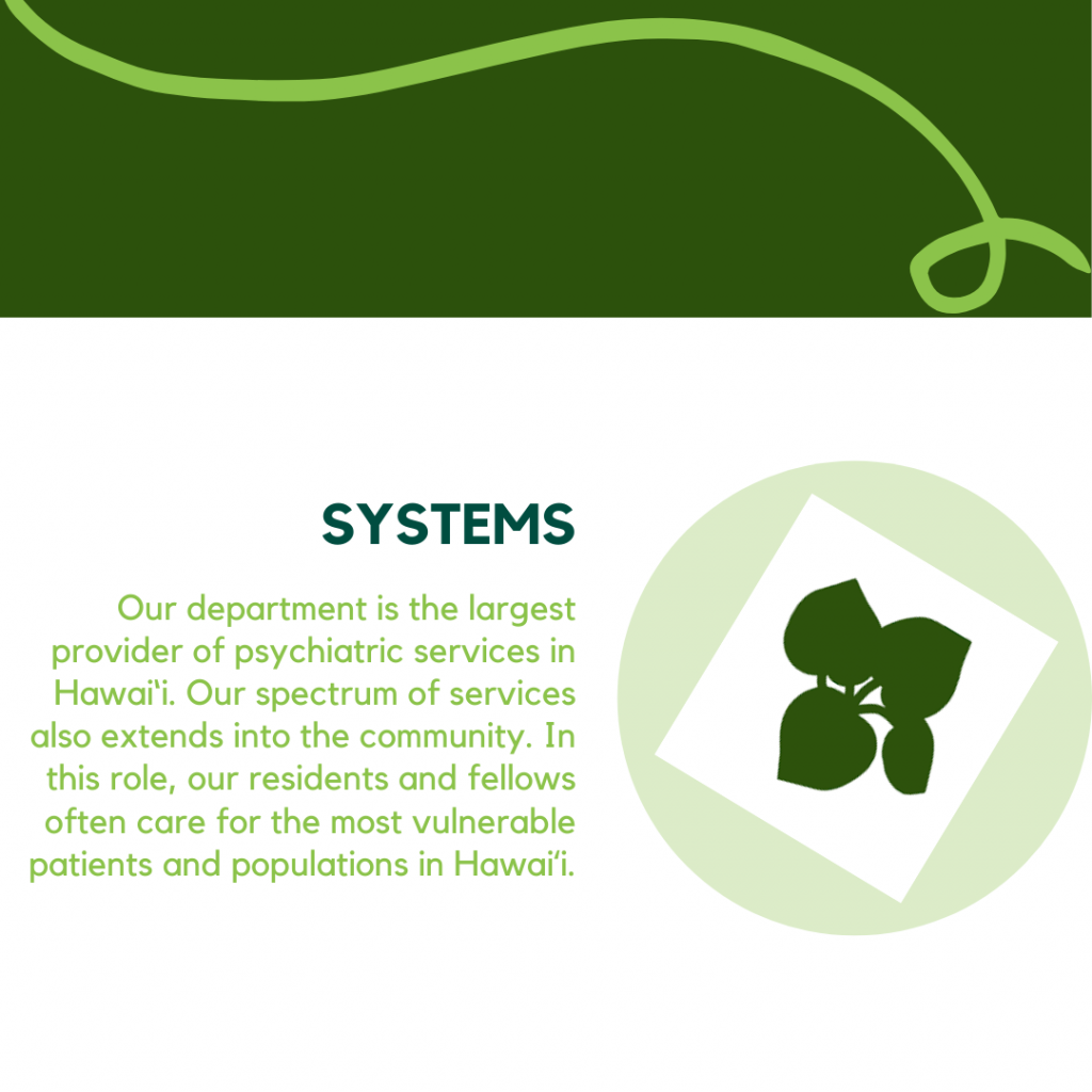 Systems, Our department is the largest provider of psychiatric services in Hawaii. Our spectrum of services also extends into the community. In this role, our residents and fellows often care for the most vulnerable patients and populations in Hawaii.