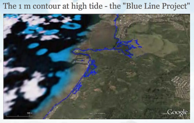 <p>Fig. 1. A snapshot of the "Blue Line Project" showing high tide with a 1 m sea level increase. Follow the link below to see the full animation.</p>
