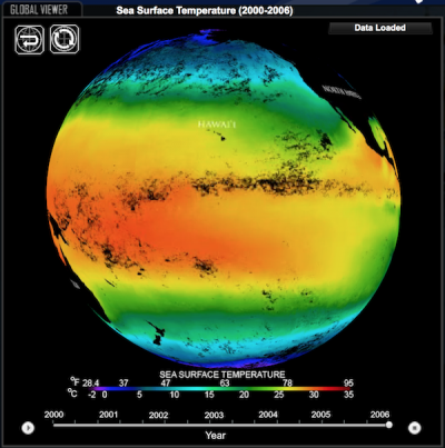<p>Fig. 2. A snap shot of Sea Surface Temperatures (SST) in 2006. For an interactive exploration of SST change from 2000-2006, follow the NOAA link below. (Note: Flash required to run animation.)</p>