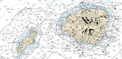 <p>Fig. 2.&nbsp;A nautical chart of the islands of Ni‘ihau and Kaua‘i. Nautical charts are a type of map showing water depths and other information used for navigation.</p>
