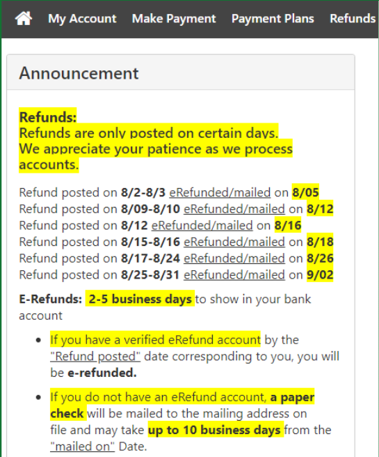 Screenshot showing Fall 2022 refund schedule in MyUH