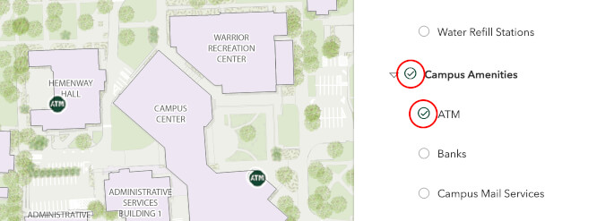 Select layers on the campus map by checking both the group layer and group sub layer