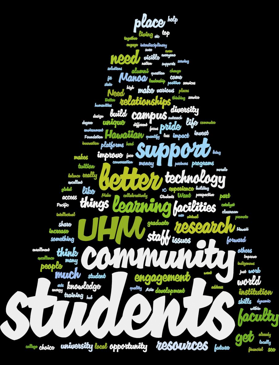 Many words in a "word cloud" describing "where do we want the University of Hawaii at Manoa to go from here?"