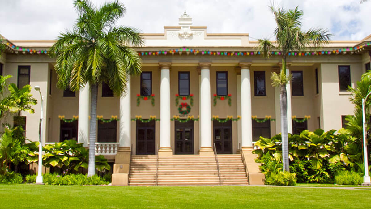 Hawaii Hall with Christmas garlands festooning the windows and doors