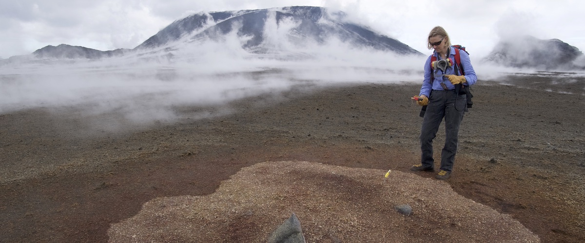 Volcanologist Dr. Julia Hammer measuring the temperature of cinder erupted in 2018 about two weeks after the Kīlauea eruption ended.