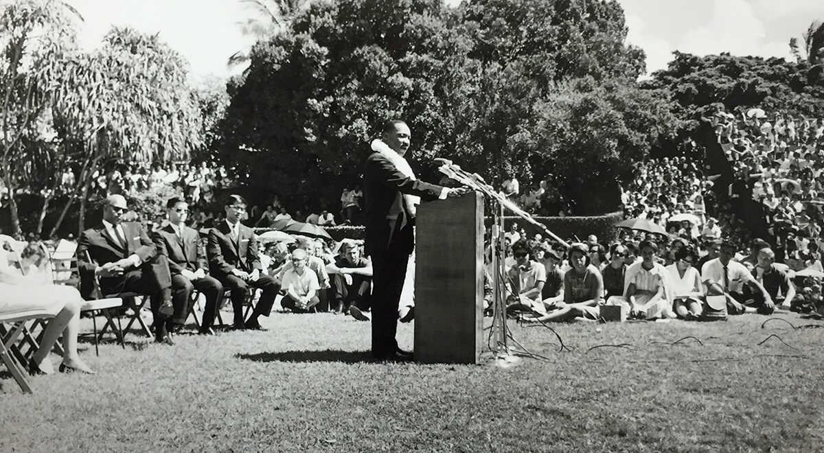 Martin Luther King, Jr. speaking at the University of Hawaii at Manoa’s Andrews Outdoor Theatre, February 19, 1964. Miyamoto Photograph Collection, UH Mānoa Library