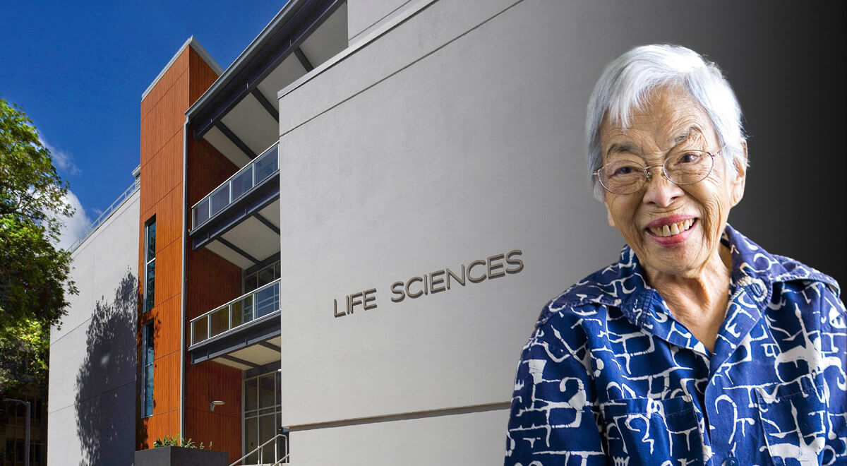 Picture of the late ethobiologist, Isabella Aiona Abbott, superimposed in front of the building that will now bear her name: the Isabella Aiona Abbott Life Sciences Building