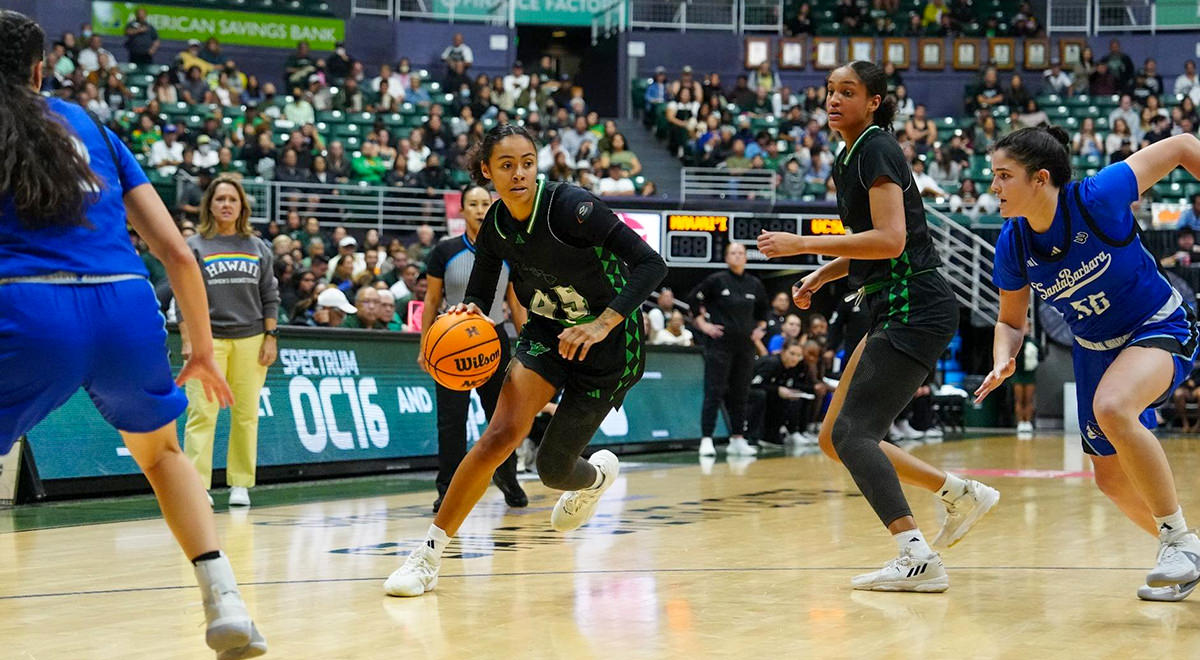 UH Rainbow Wahine Basketball team members playing against UC Santa Barbara