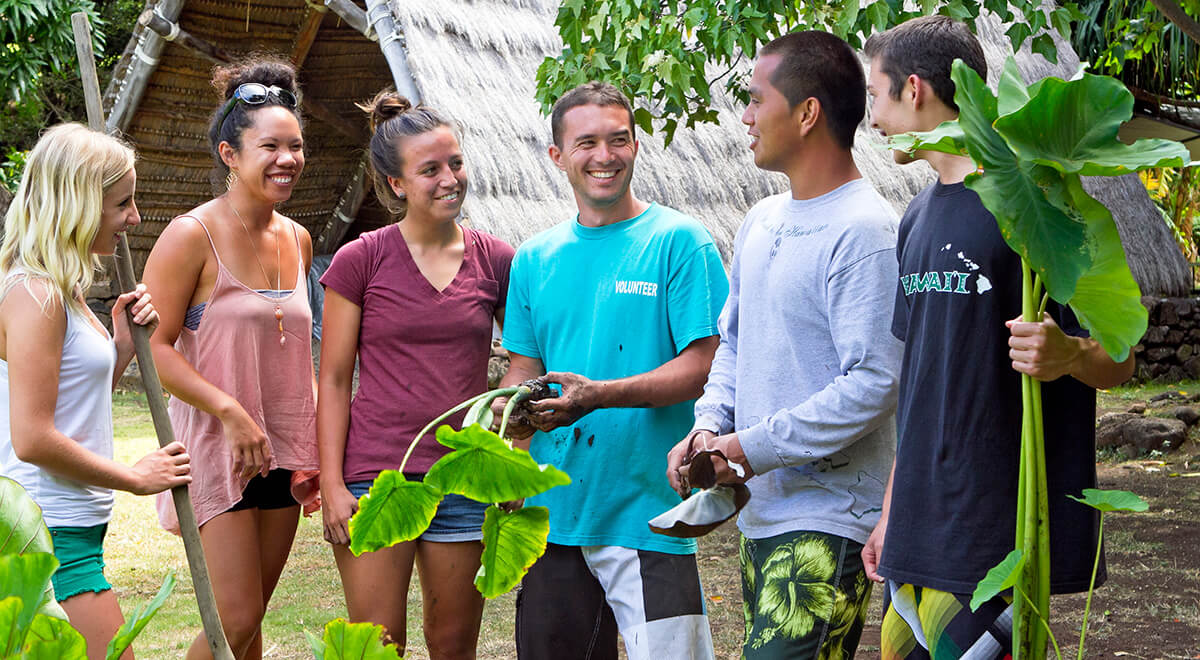 Smiling students from the Ka Papa Lo‘i ‘o Kānewai, two holding uprooted kalo